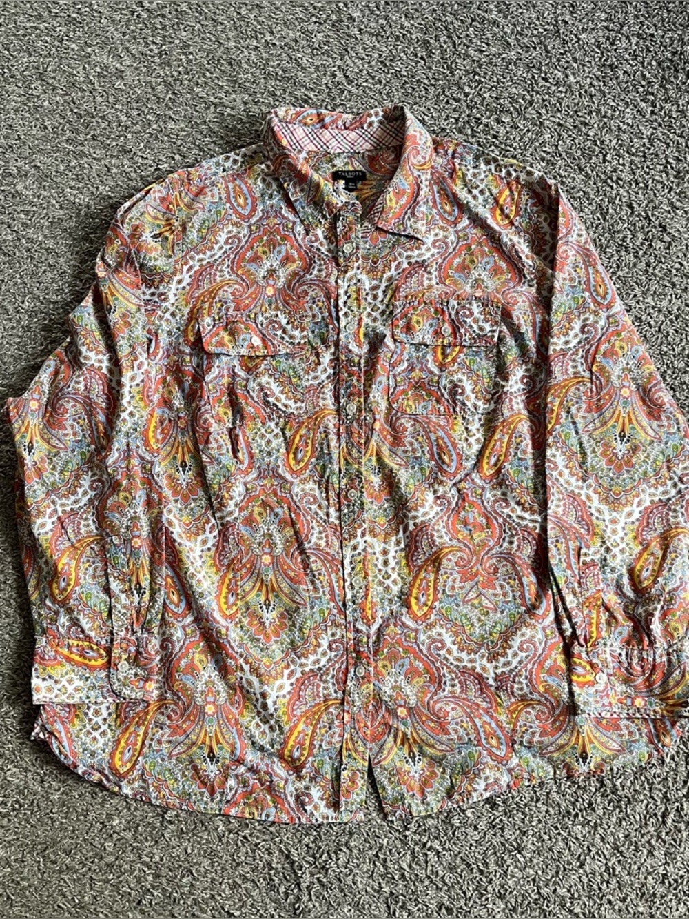 Talbots Women Button Down Shirt Top Blouse Orange Paisley Colorful Pattern 18W